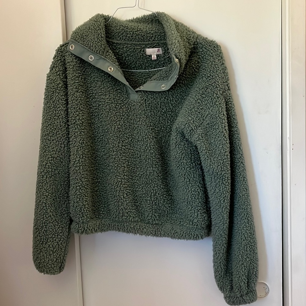 Green Fuzzy Button Up V-Neck Sweater